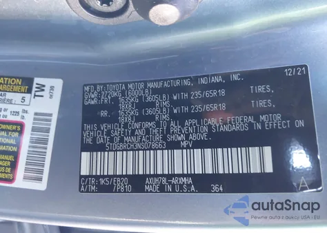 2022 Toyota Highlander Hybrid Xle из США, поврежденный, VIN 5TDGBRCH3NS078663